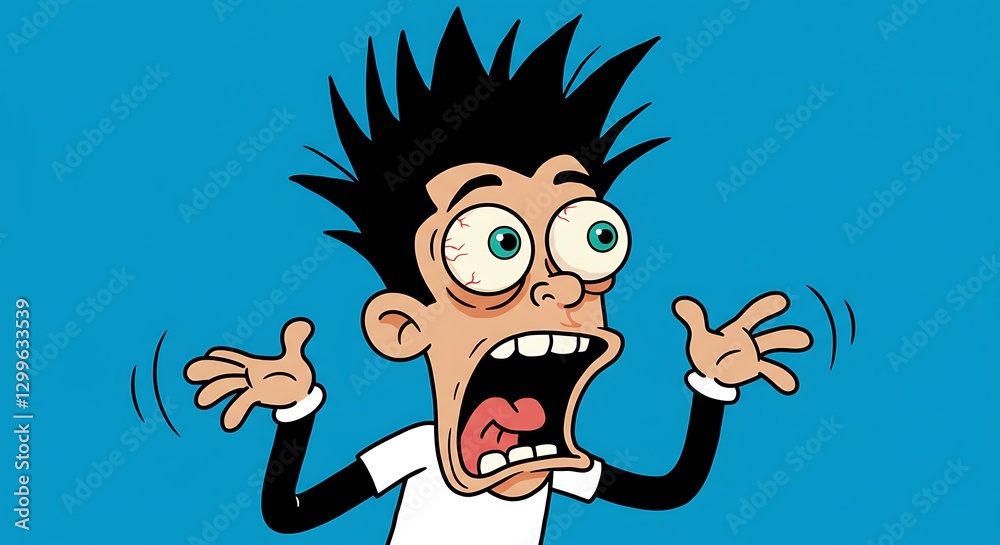 Cartoon Man Shouting with Wild Expression of Fear and Panic