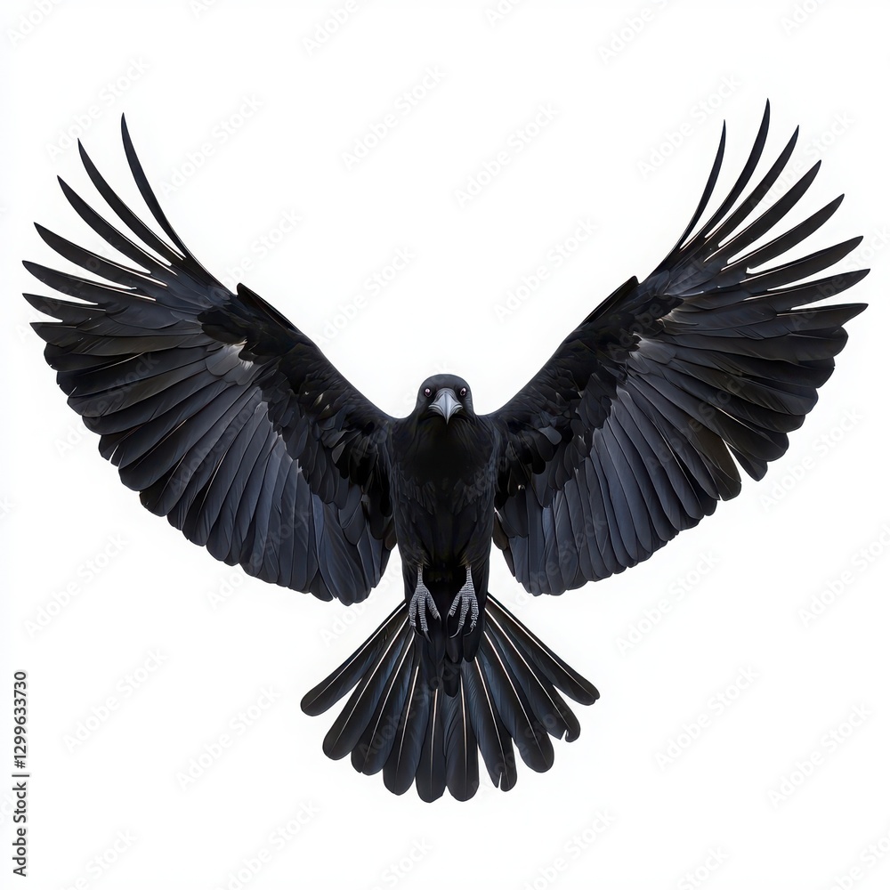 Naklejka premium A striking black bird with outstretched wings, showcasing intricate feather details against a white background.