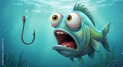 Cartoon Fish Scared of Fishing Hook Underwater Funny Animal Concept