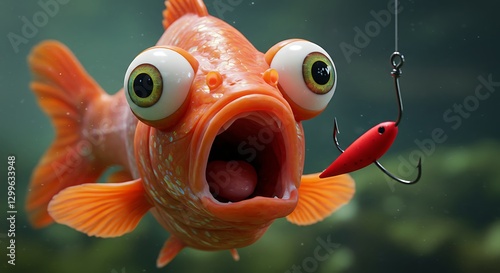 Surprised Goldfish Looking at Red Fishing Lure Suspended in Water
