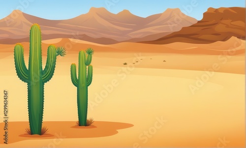 Pixel Art Desert Landscape with Two Cacti and Mountains photo