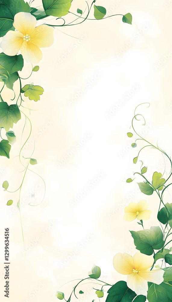 Fototapeta premium Delicate flowers and green leaves frame the light yellow background
