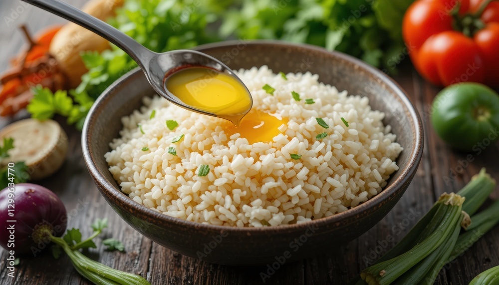 Delicious Rice Bowl with Oil Drizzle - Healthy Eating Delicious Rice Bowl with Oil Drizzle - Healthy Eating