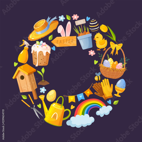 Vector cartoon collection of Easter symbols in circle shape includes colorful painted eggs, Easter cake, spring flowers, birds feeder, rainbow, watering can and another symbols isolated on purple back