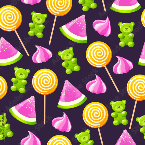 Vector seamless pattern with colorful sweets includes lollipops, jelly candies, marshmallows etc. isolated on purple background.