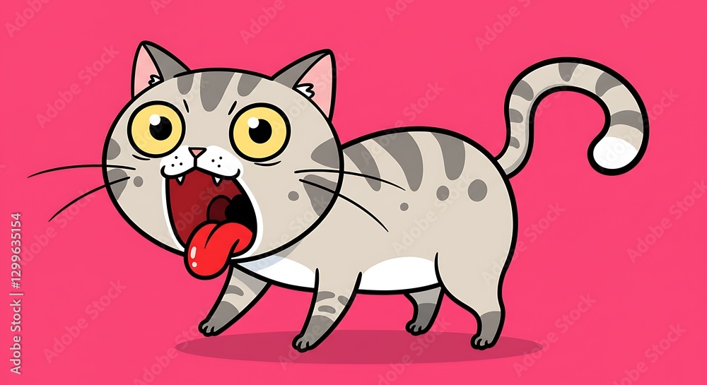 Cartoon Cat Yawning with Open Mouth on a Pink Background