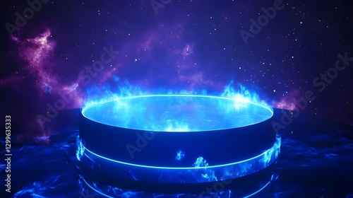 Energetic Neon Blue Platform Surrounded by Cosmic Space in a Futuristic Scene