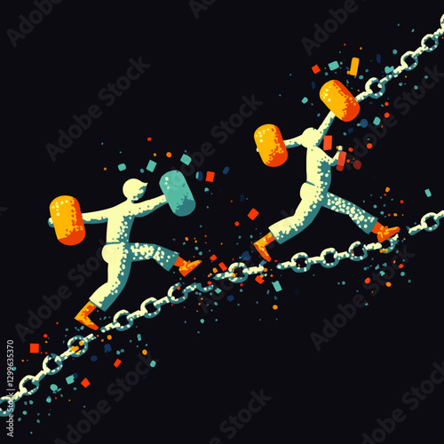 Abstract Vector Art of Dynamic Human Figures Climbing Chains with Colorful Blocks and Confetti on Dark Background – Modern Creativity and Movement Illustration