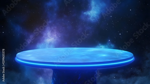 Futuristic Blue-Hued Platform in Cosmic Space Ambient with Starry Background