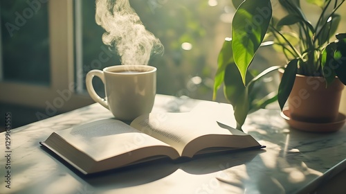 Sunlit Morning Still Life: Open Book, Steam, and Indoor Plants on Table
