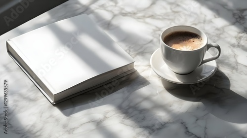 A serene moment with a coffee cup and an open book on a marble table