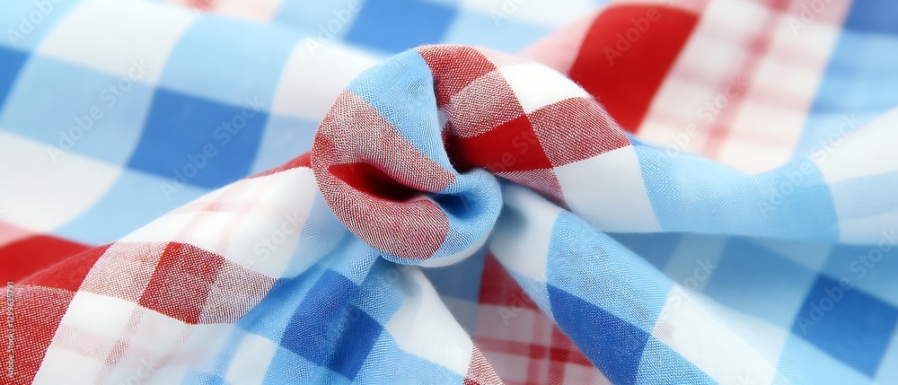 Fototapeta premium Dynamic Blue and Red Checkered Fabric Knot Abstract Pattern Textile Design Detailed Weave