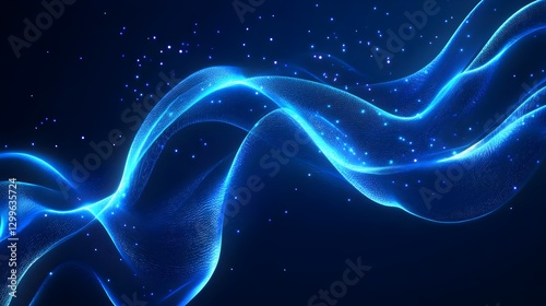 Dynamic Blue Waves of Light Exhibiting Fluid Motion in a Digital Abstract Scene