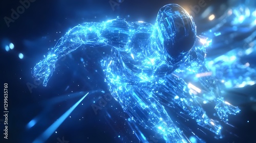 Digital Avatar in Motion: Futuristic Blue Entity Racing Through Cyber Landscape