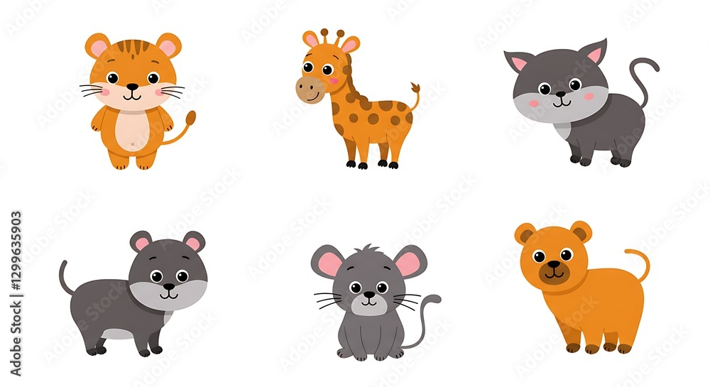 Cartoon Animals Illustration Cute Tiger Giraffe Cat Mouse and Bear Cartoon Animals Illustration Cute Tiger Giraffe Cat Mouse and Bear