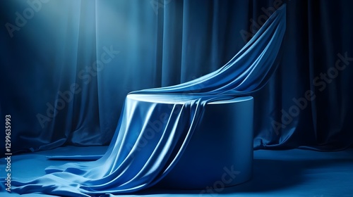 Elegant Blue Drapery in a Dimly Lit Studio Setting with Soft Ambient Lighting