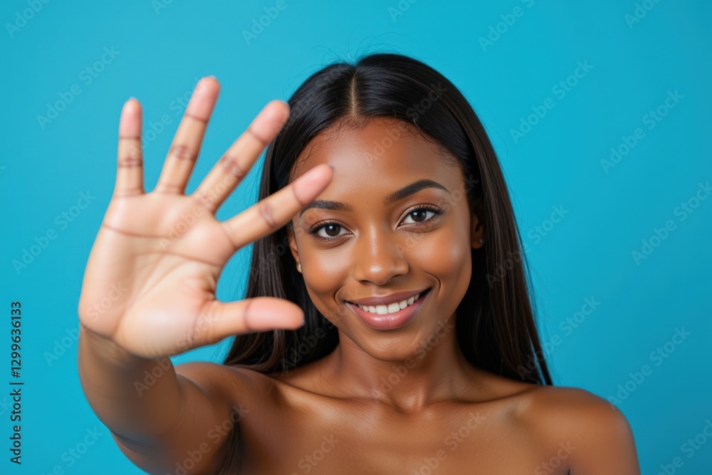 Smiling Young Black Woman Holding Up Hand with Five Fingers Against a Bright Blue Background, Exuding Joy and Confidence Smiling Young Black Woman Holding Up Hand with Five Fingers Against a Bright Blue Background, Exuding Joy and Confidence