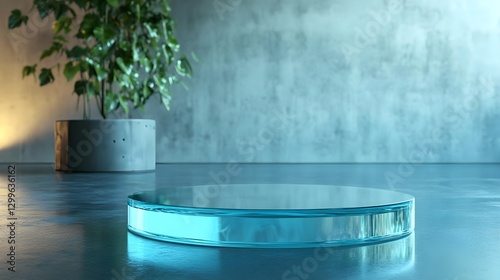 Modern Minimalist Blue Circle Display in Calm Urban Studio Interior