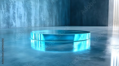 Glowing Blue Circular Portal in an Industrial Space with Reflective Floor
