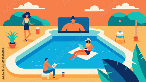 Swimming Oasis An illustration of a beautifully designed pool area where guests are enjoying a refreshing swim while an organizer checks amenities on a tablet.