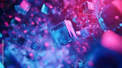 Colorful Abstract Cubes Floating in Space with Neon Lighting Effects at Night