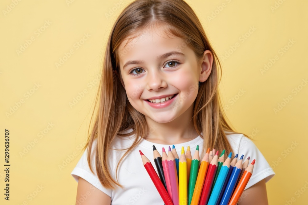 Smiling 7-Year-Old Girl Holding a Bundle of Colorful Crayons Against a Bright Yellow Background, Radiating Joy and Artistic Spirit Smiling 7-Year-Old Girl Holding a Bundle of Colorful Crayons Against a Bright Yellow Background, Radiating Joy and Artistic Spirit