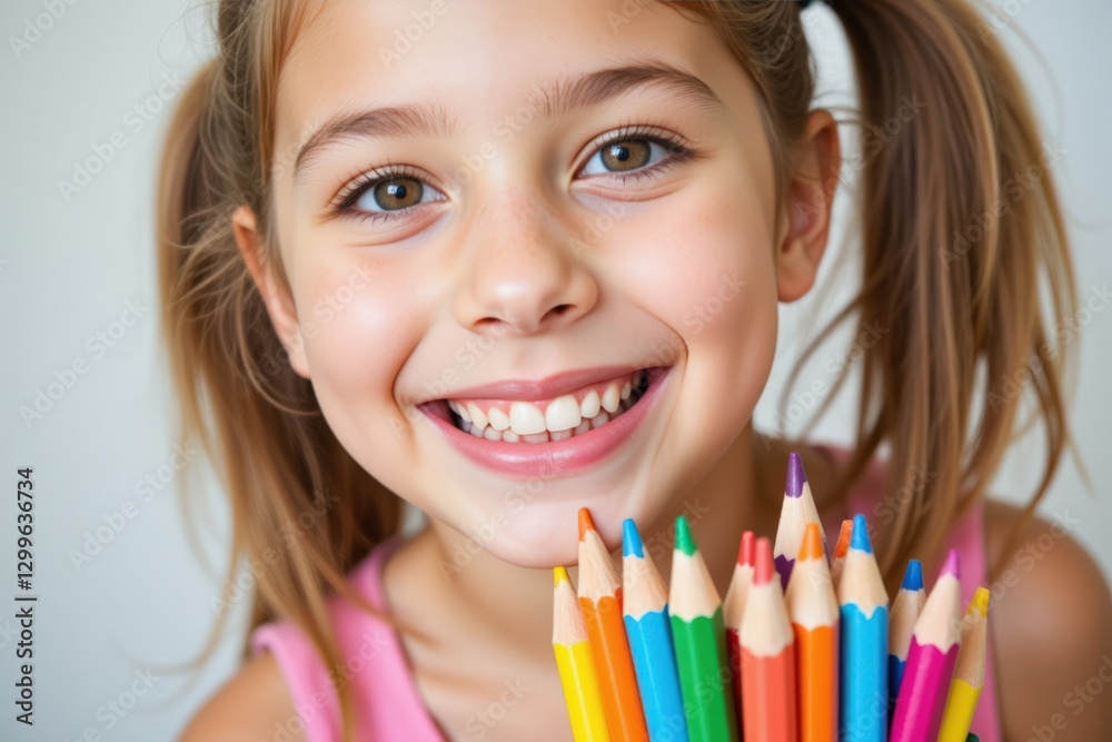 A Joyful Young Girl Holding a Colorful Bunch of Crayons, Radiating Happiness and Creativity in a Brightly Lit Room A Joyful Young Girl Holding a Colorful Bunch of Crayons, Radiating Happiness and Creativity in a Brightly Lit Room