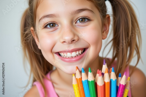 A Joyful Young Girl Holding a Colorful Bunch of Crayons, Radiating Happiness and Creativity in a Brightly Lit Room photo