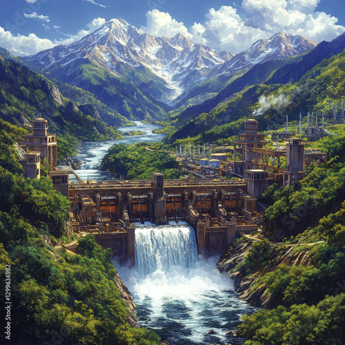 Stunning Vector Illustration of Hydro Power Plant in Majestic Mountain Landscape with Flowing River, Lush Green Forests, and Snow-Capped Peaks Under Blue Sky