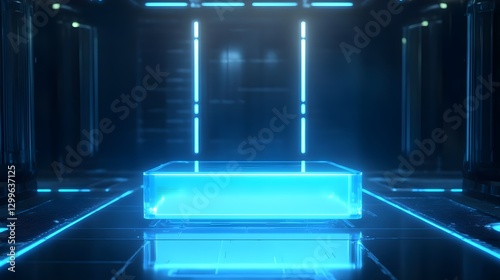 Futuristic Blue-lit Pod in a High-tech Lab with Glowing Lines at Night