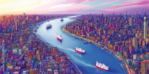 Vibrant Cityscape View from Above Featuring a River with Sailboats at Sunset and a Colorful Skyline in a Dynamic Vector Illustration Art Style