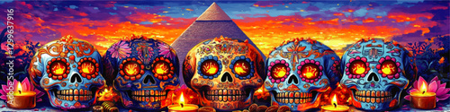 Vibrant Day of the Dead Vector Art with Colorful Sugar Skulls, Flowers, Pyramid, Candles, and Sunset in Mexican Folk Style for Dia de los Muertos Celebration