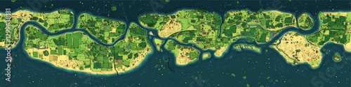 Intricate Vector Map of Verdant Coastal Landscape with Rivers, Fields, and Islands Highlighting Diverse Geography for Detailed Cartography and Topography Analysis