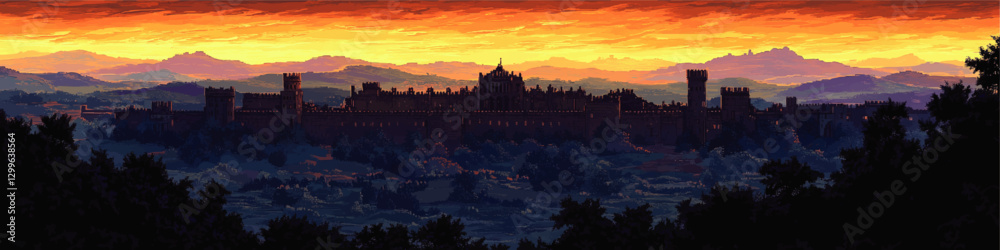 Obraz premium Majestic Medieval Castle at Sunset - Stunning Scenic Vector Art with Fortified Walls, Towers, and Lush Forest - Serene Landscape Digital Illustration