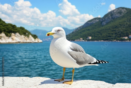 Seagull coastal view, island background, summer