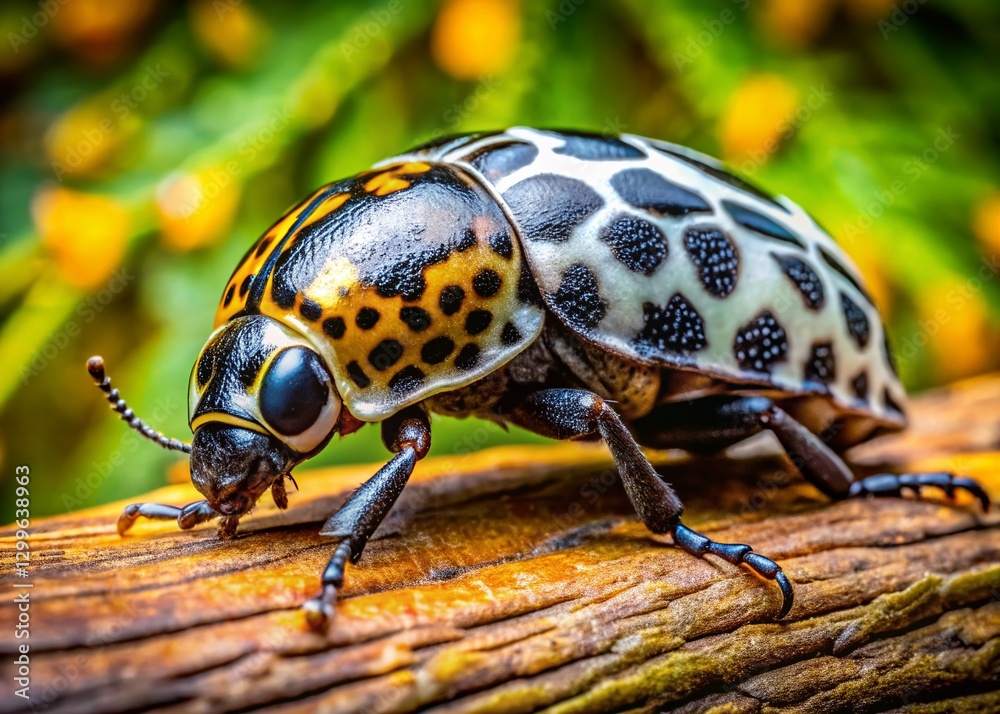 Naklejka premium Panoramic Close-up of a Black and White Spotted Beetle