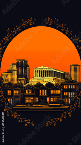 Vector Illustration of Parthenon in Modern Cityscape at Sunset with Ornate Leafy Frame and Residential Houses in Front of High-Rises - Striking Orange Background