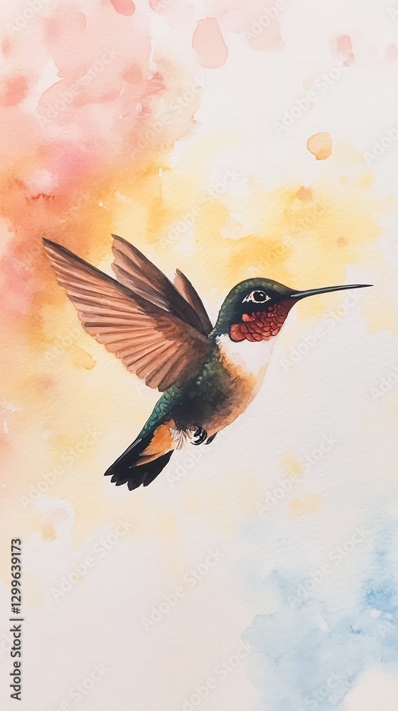 Naklejka premium Hummingbird mid-flight watercolor sky