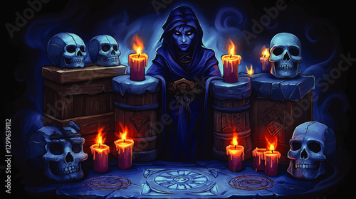 Mysterious Hooded Figure with Skulls and Candles in Dark Ritual Setting Vector Art - Enchanted Mystic Scene with Spooky Atmosphere for Fantasy and Gothic Themes