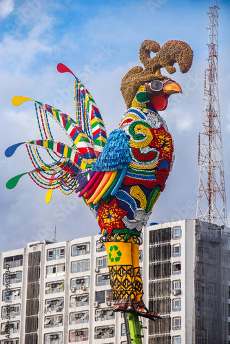 The iconic giant rooster sculpture decorates Recife's Carnival in Brazil with vibrant colors and intricate details.