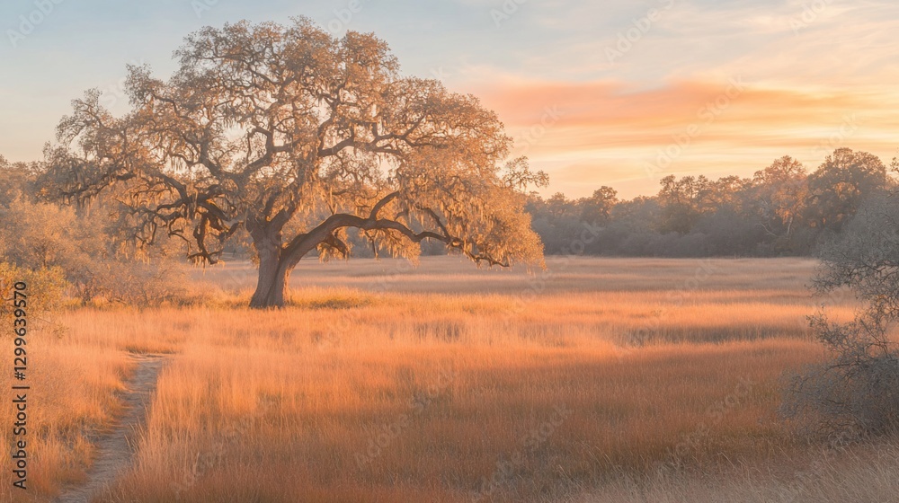 Lone oak sunset meadow path landscape nature Lone oak sunset meadow path landscape nature