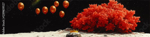 Surreal Vector Art: Orange Balloons, Red Tree, Golden Crown on Moonlit Surface, Starry Sky, Dreamlike Abstract Landscape with Space Elements