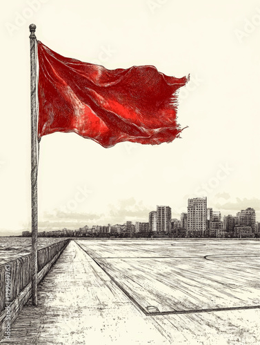 Detailed Vector Art of Red Warning Flag on Urban Waterfront Promenade with City Skyline View. Hand-Drawn Elements of Ocean, Wood Pathway, and Tall Buildings