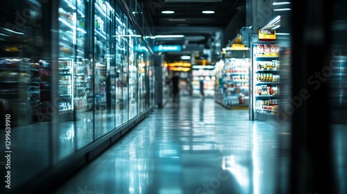 Blurry supermarket aisle captures busy shopping atmosphere in urban setting during evening hours