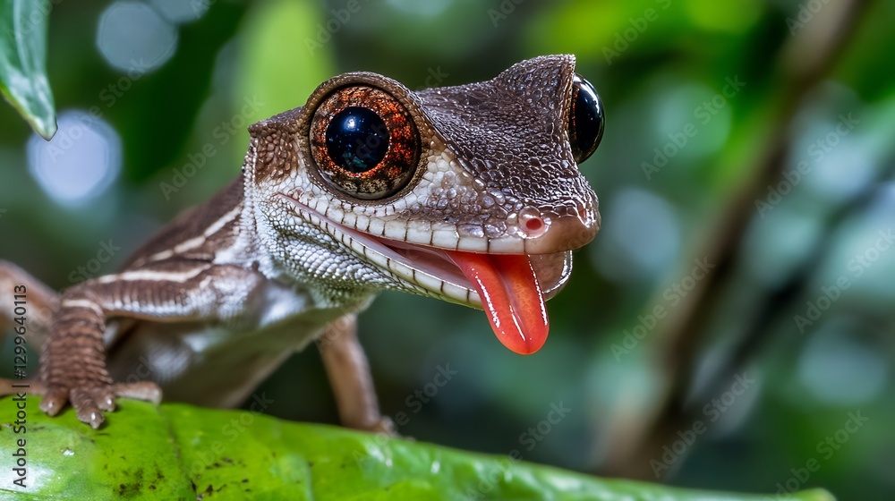 Obraz premium Close-up of a smiling gecko with bright eyes and a sticking-out tongue, perched on a green leaf against a blurred natural background