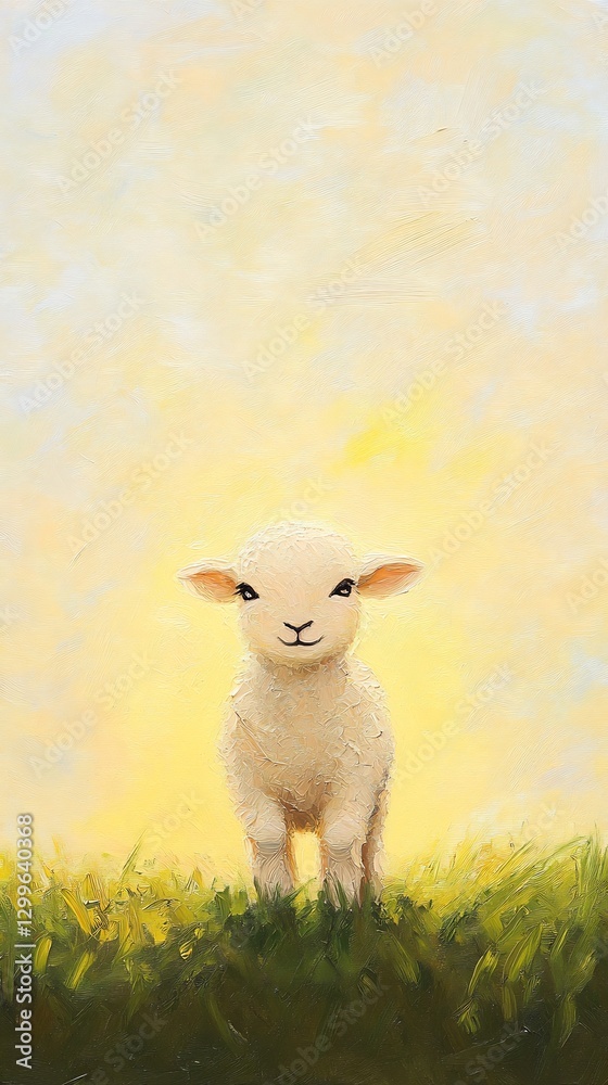 Obraz premium Baby lamb green field golden sunlight