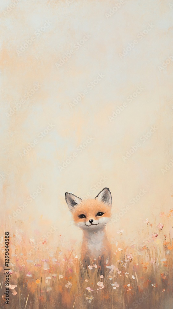 Obraz premium Fox cub playing flowers pastel mist