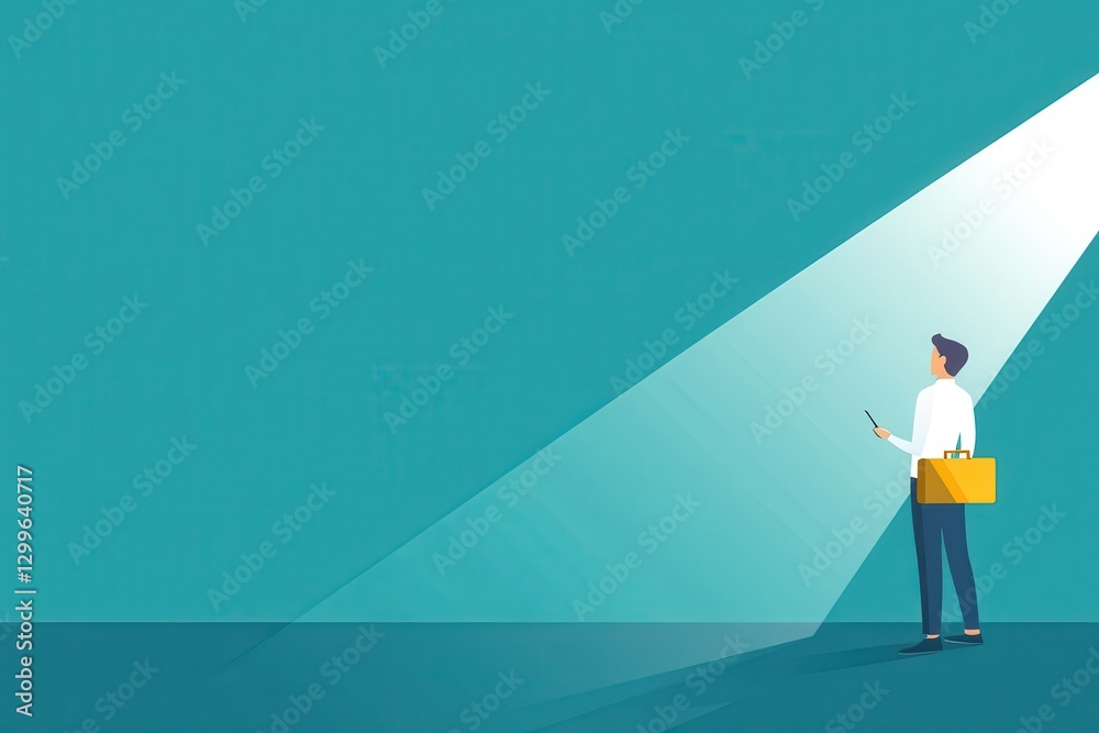 Businessman Standing Under Beam of Light with Briefcase and Pen Businessman Standing Under Beam of Light with Briefcase and Pen