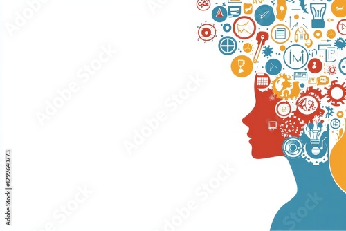 Creative Silhouette of Woman's Profile with Colorful Icons and Symbols