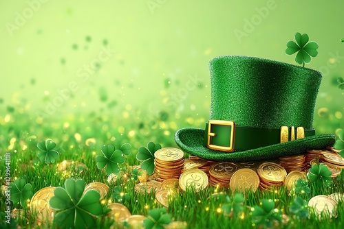 Leprechaun hat and clover leaves on green glitter background, space for text. St Patrick's Day celebration